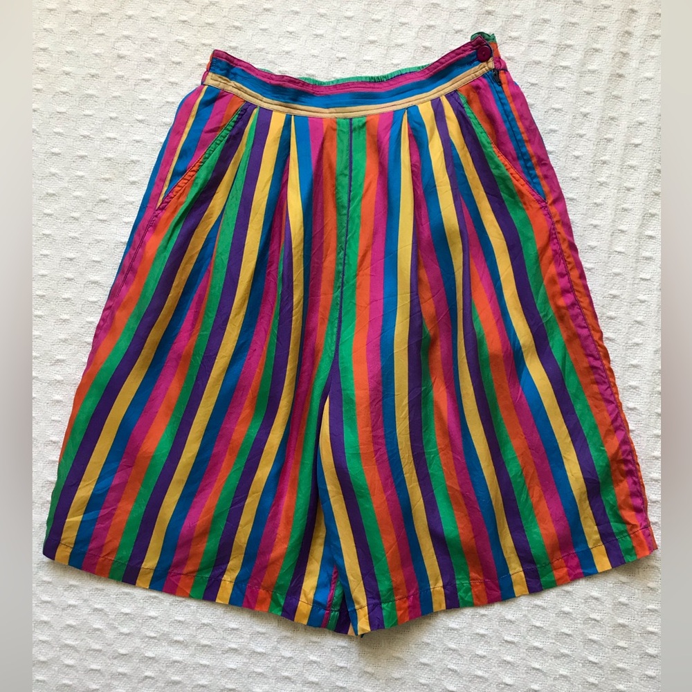 Womens VTG 80s For Her 100% Silk Striped Shorts sz M Pleated Bermuda Elastic Zip